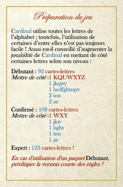 La Présentation du jeu Cardinal préparation du jeu